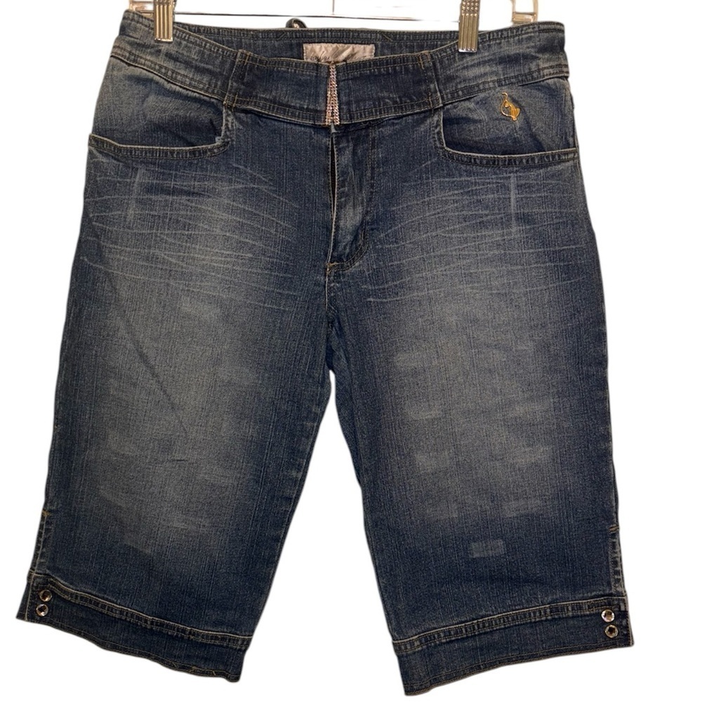 Baby Phat Women' Solid Blue Denim Cotton Mid Rise Pull On Capri Jeans Shorts